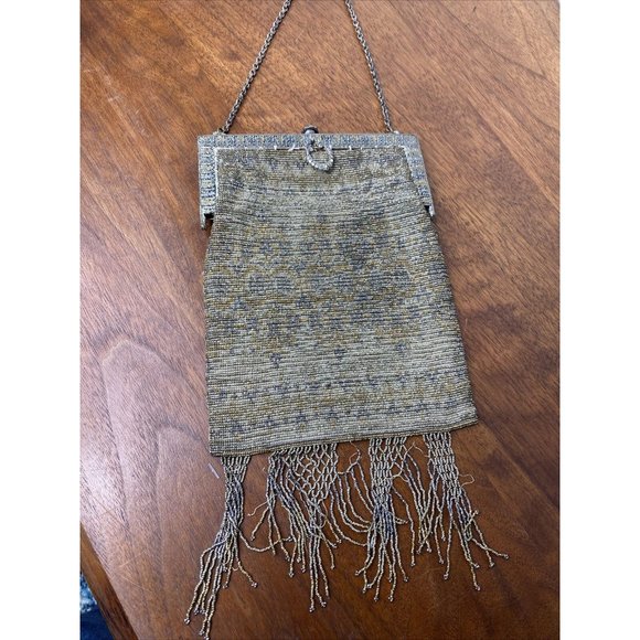 Vintage Bead Bag Carved Metal Frame Purse Silver Fringe Art Deco Handbag Antique - Picture 6 of 10